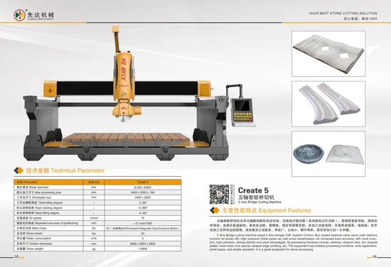 5 Axis Stone CNC Bridge Cutting Machine with Rotating Table for Granite Marble Carving Milling Drilling Machine/Create-450/China Xianda
