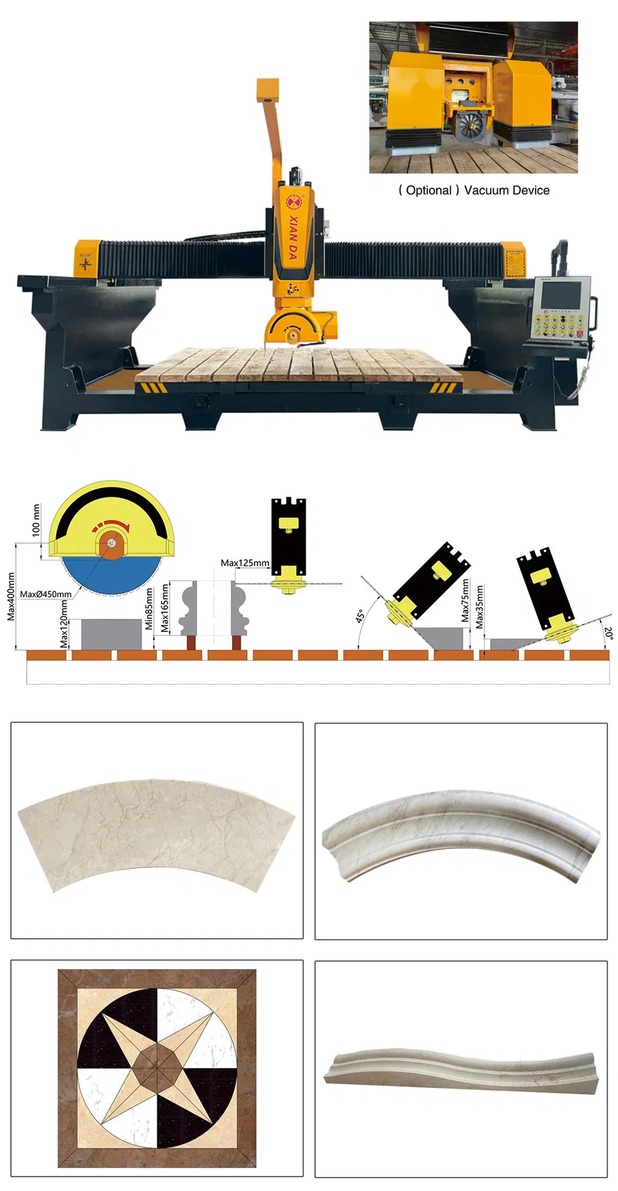 5 Axis Stone CNC Router Bridge Saw Machine with Rotating Table for Granite Marble Carving