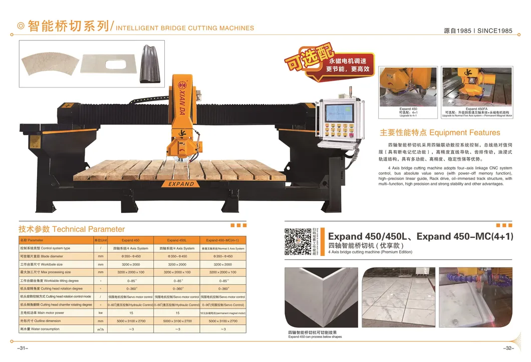 Premium 4+1 Axis CNC Bridge Stone Cutting Machine, Cutting Head Chamfer Roating 0-60 Degree with, Countertop Milling Function & Xianda